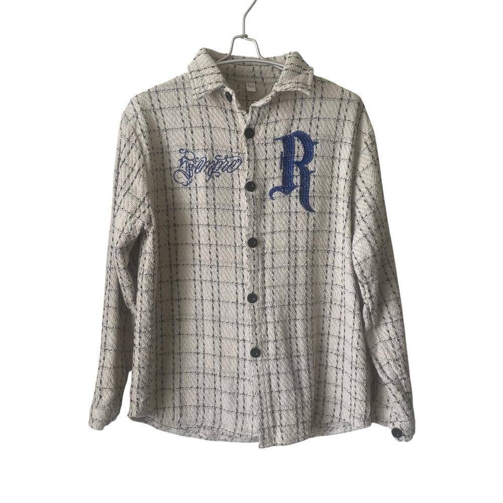 Checkered Flannel Long Sleeve Women’s Shirt Cream Blue Embroidered Size L
